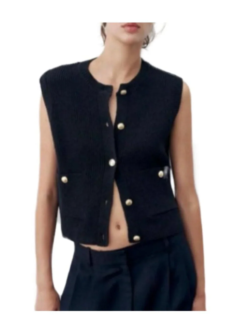 Zara Black Knit Vest with Gold Button Details. Size M - Picture 4 of 9